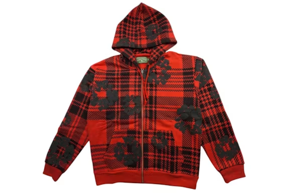 Denim Tears Plaid Cotton Wreath Zip Hoodie Red