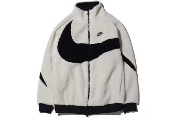 Nike Women's Oversized Swoosh Faux Shearling Jacket (Asian Sizing) White/Navy Blue/Black